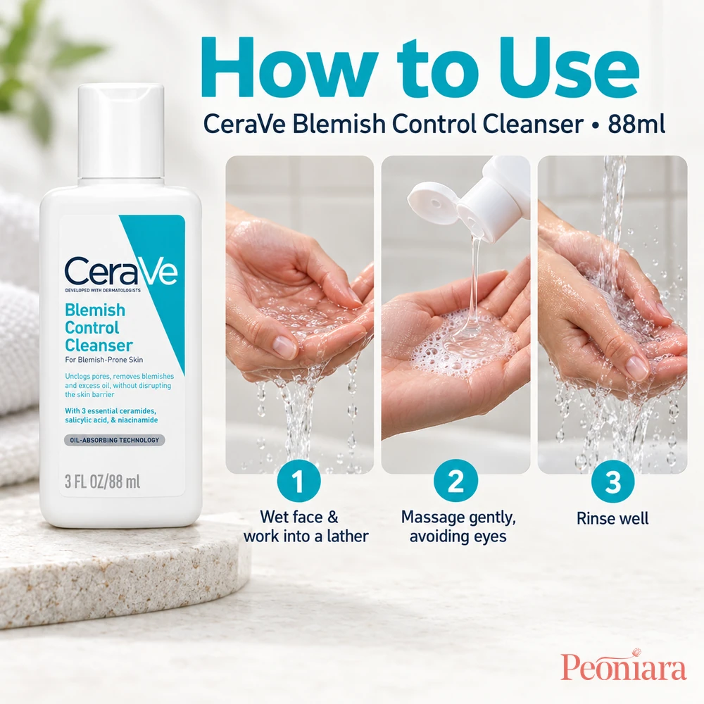 How to use CeraVe Blemish Control Cleanser 88ml: lather on wet skin, massage gently avoiding eyes, and rinse well