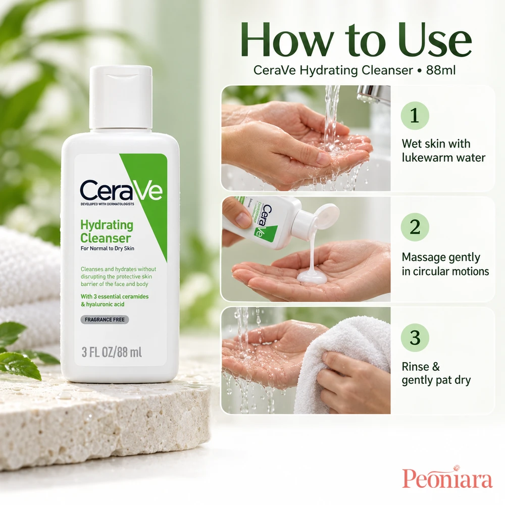 CeraVe Hydrating Cleanser 88ml how to use — wet skin, massage gently, rinse and pat dry