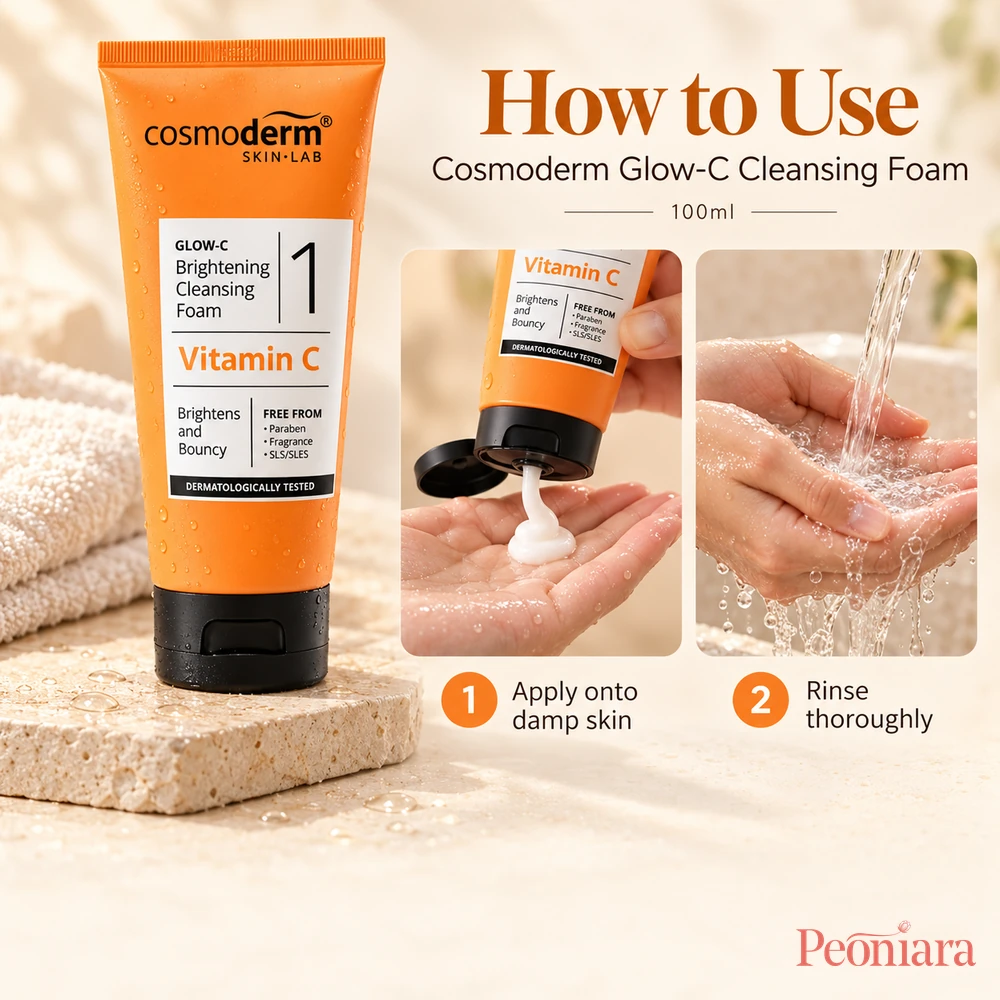 How to use Cosmoderm Glow-C Brightening Cleansing Foam 100ml: apply onto damp skin and rinse thoroughly.