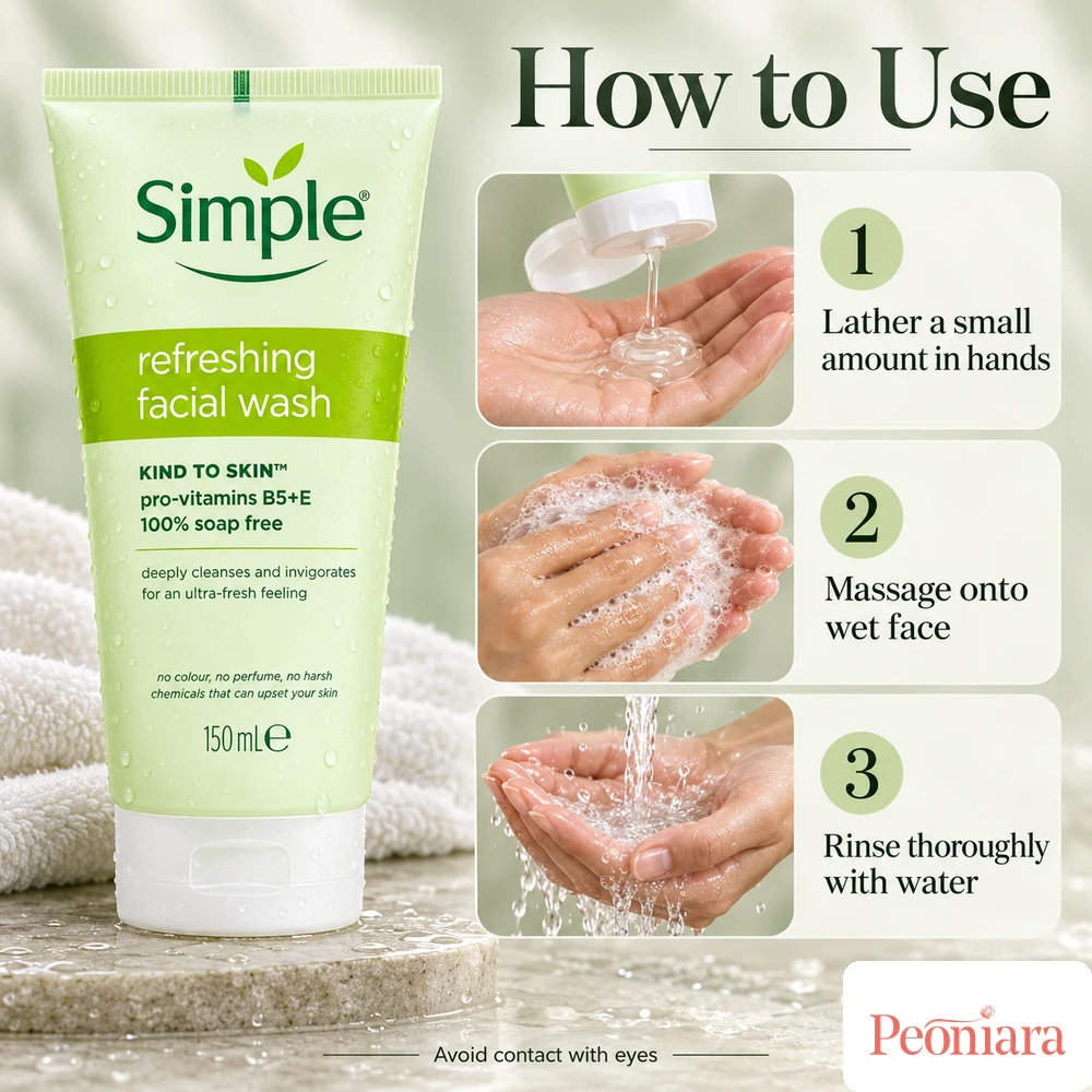 Simple Refreshing Facial Wash Gel 150ml how to use — lather, massage onto wet face and rinse