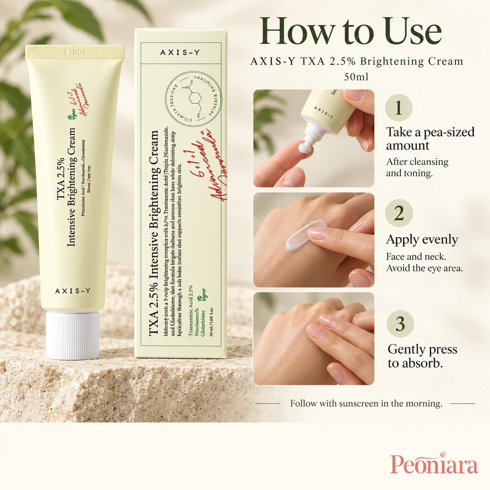How to use AXIS-Y TXA 2.5% Intensive Brightening Cream 50ml: apply a pea-sized amount after cleansing and toning, gently press in, and follow with sunscreen in the morning.