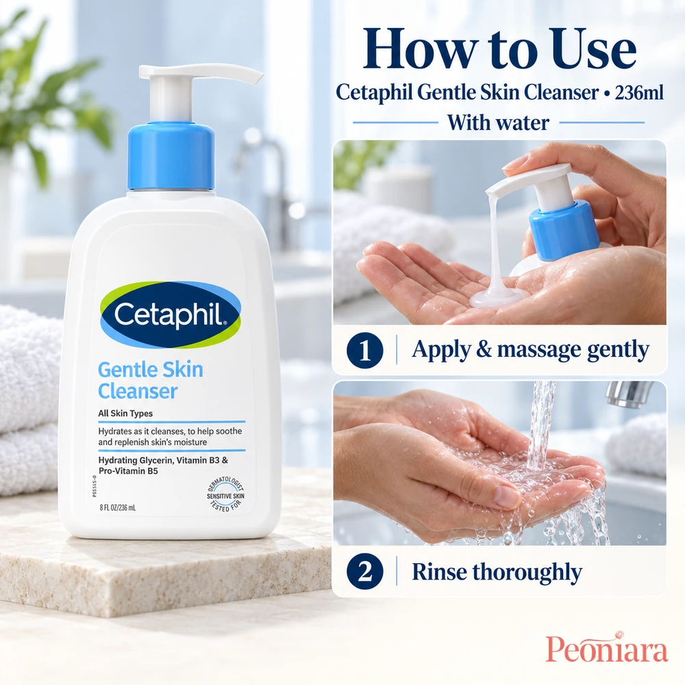How to use Cetaphil Gentle Skin Cleanser 236ml with water: apply, massage gently and rinse thoroughly
