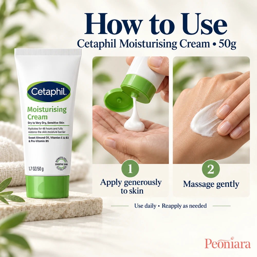 How to use Cetaphil Moisturising Cream 50g: apply generously, massage gently and reapply as needed