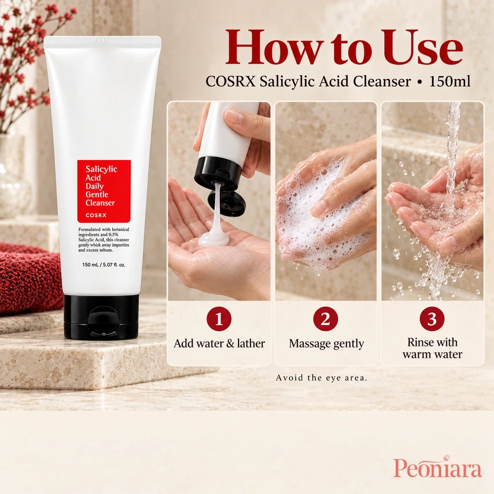 How to use COSRX Salicylic Acid Daily Gentle Cleanser 150ml: lather with water, massage gently avoiding eyes, and rinse with warm water