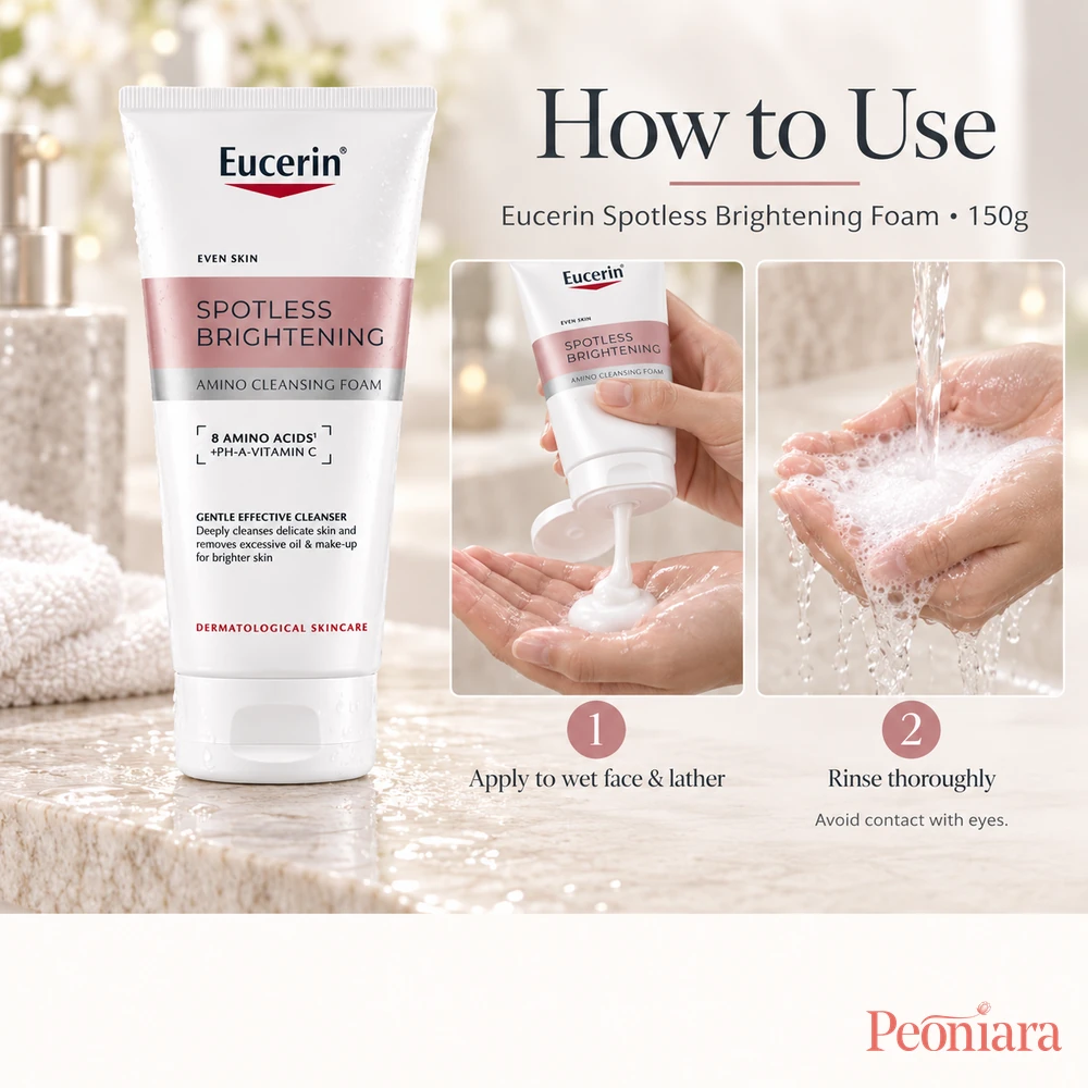 How to use Eucerin Spotless Brightening Cleanser Foam 150g: lather on wet skin and rinse, avoiding the eyes.