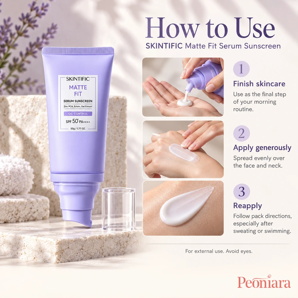 SKINTIFIC Matte Fit Serum Sunscreen how to use: apply generously after skincare and reapply