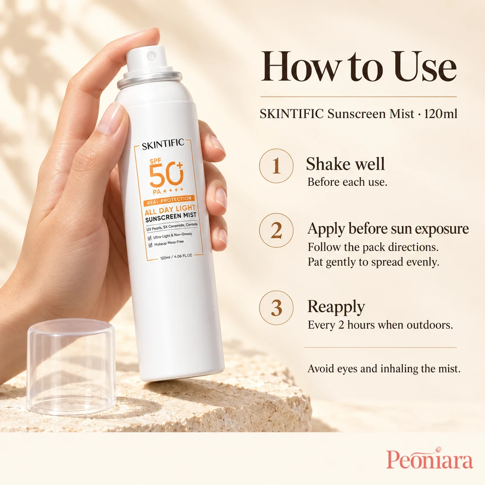 SKINTIFIC All-Day Light Sunscreen Mist SPF50+ PA++++ 120ml how to use guide
