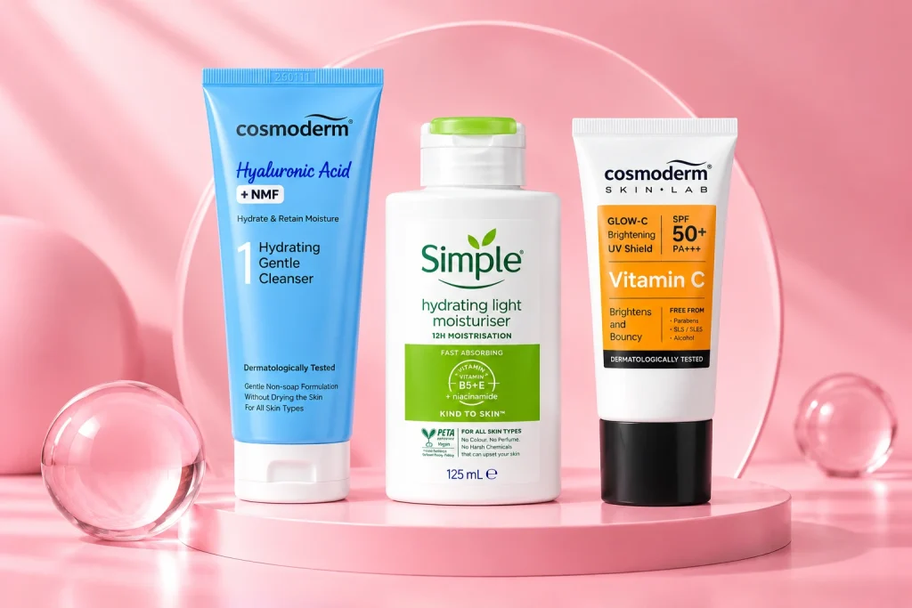 Daily Skincare Starter Combo with Cosmoderm cleanser, Simple moisturiser and Cosmoderm sunscreen