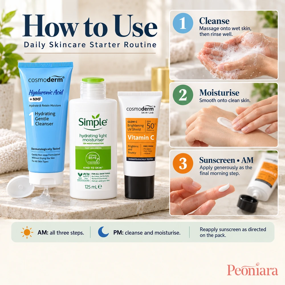 Daily Skincare Starter Routine: Cosmoderm cleanser, Simple moisturiser and Cosmoderm sunscreen