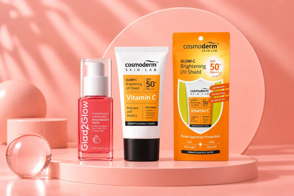 Glow & Bright Skincare Combo artwork with Glad2Glow serum and Cosmoderm sunscreen