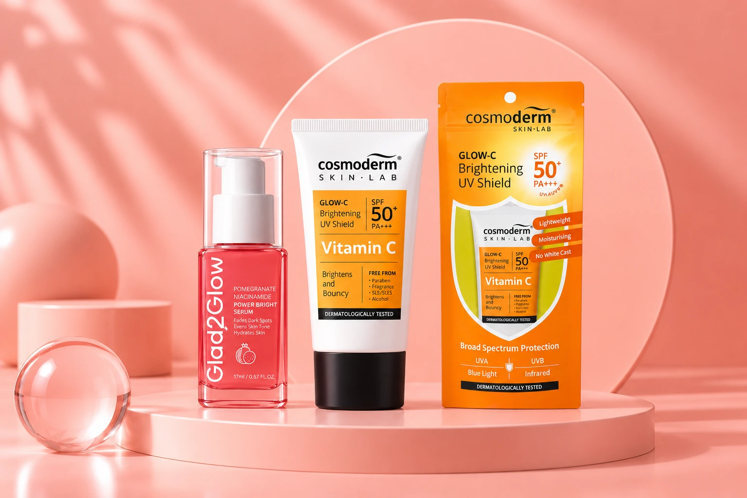 Glow & Bright Skincare Combo artwork with Glad2Glow serum and Cosmoderm sunscreen