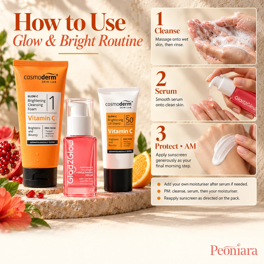 Glow and Bright skincare routine: Cosmoderm cleanser, Glad2Glow serum and Cosmoderm sunscreen