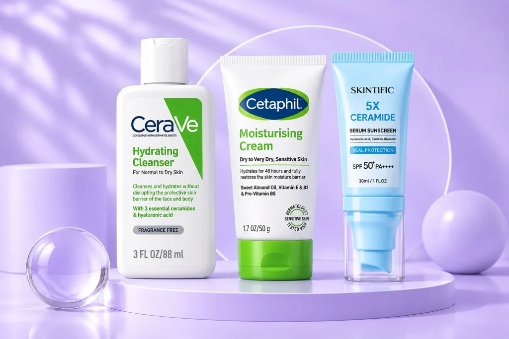 Hydrate & Protect Skincare Combo with CeraVe cleanser, Cetaphil cream and Skintific sunscreen