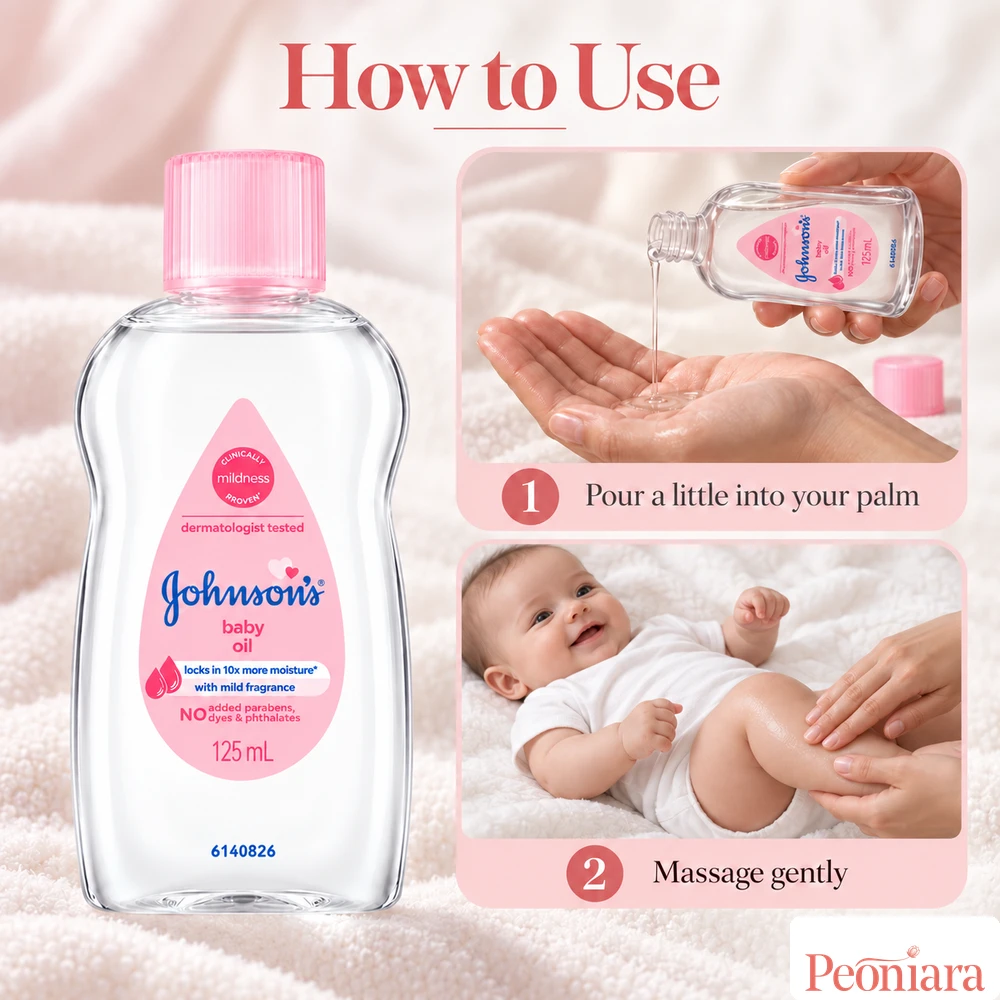 JOHNSON’S Baby Oil 125ml how to use — pour a little into palm and gently massage baby skin